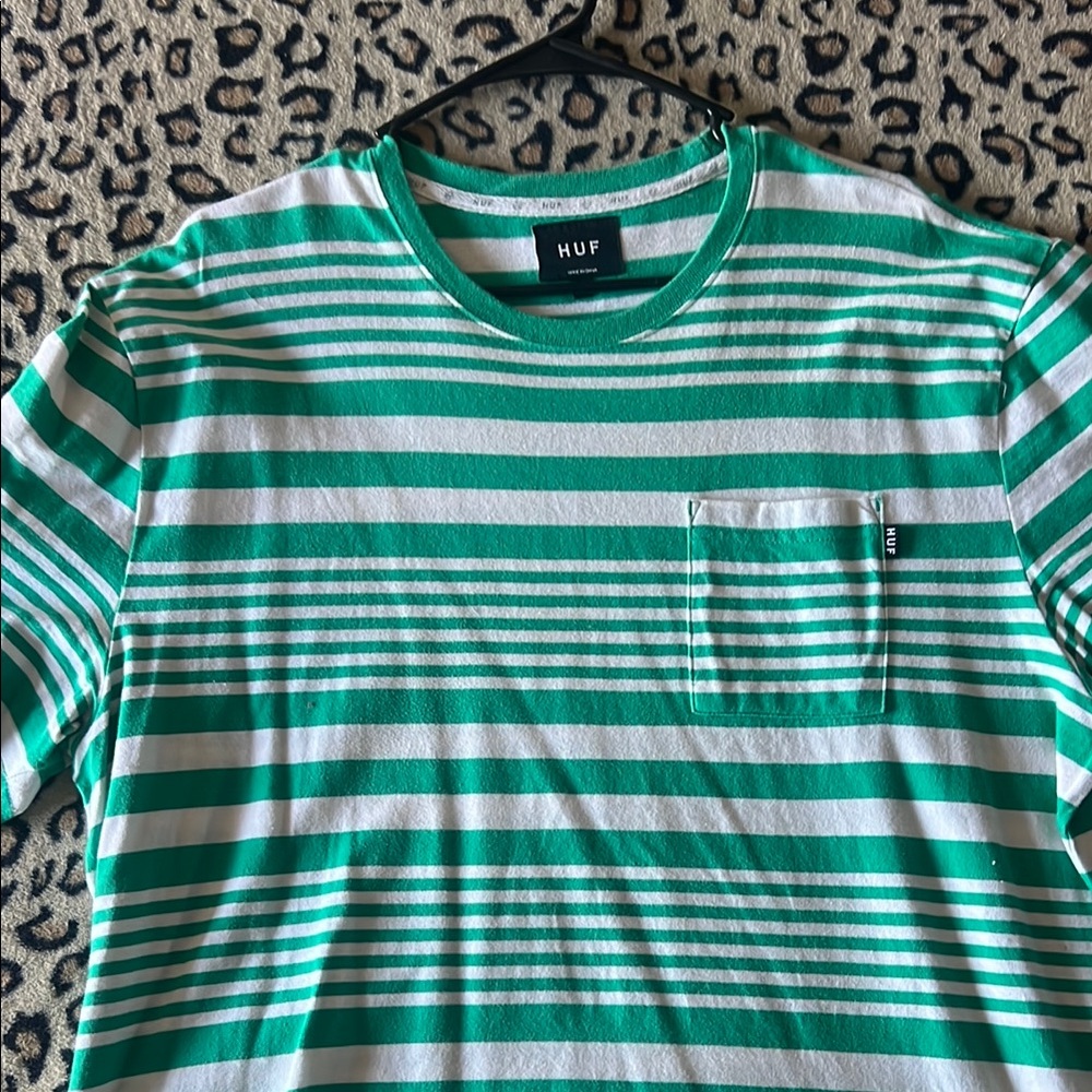 HUF Green and White Striped T-Shirt